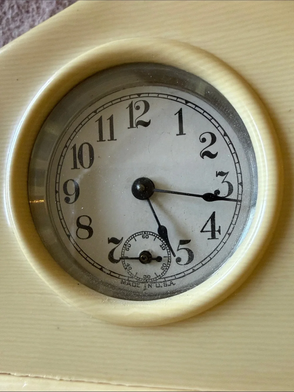Vintage Ivory Celluloid Cream Mantel Clock Wall Shelf